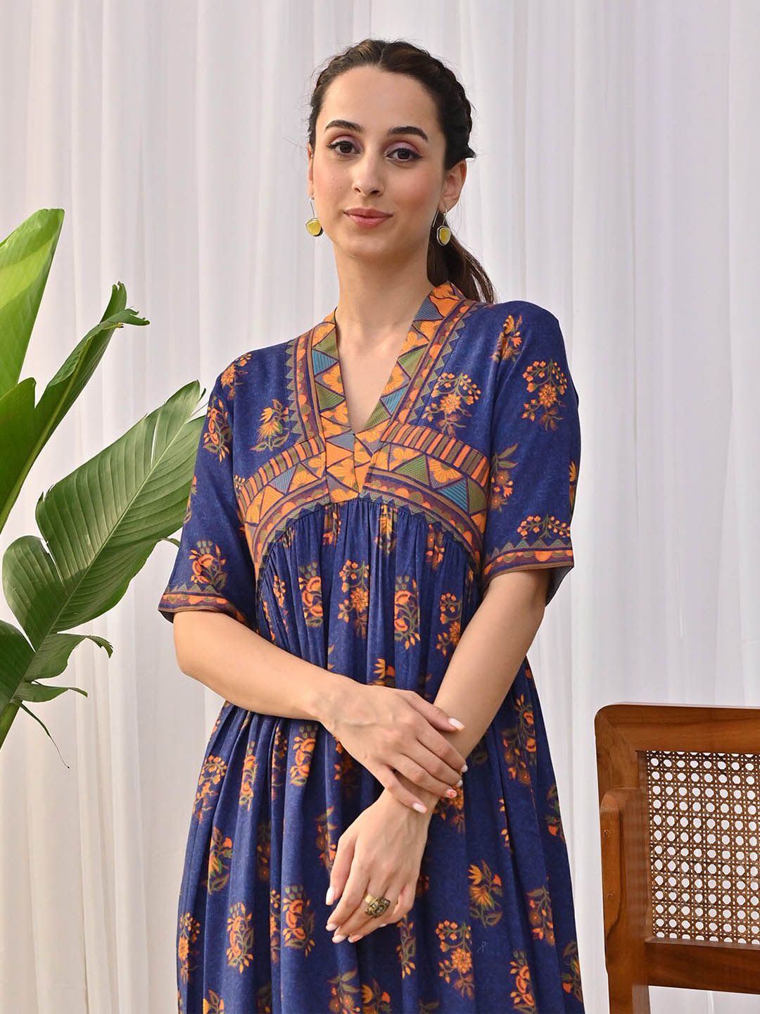 Rustorange Floral Printed V-Neck Gathered A-Line Midi Ethnic Dress