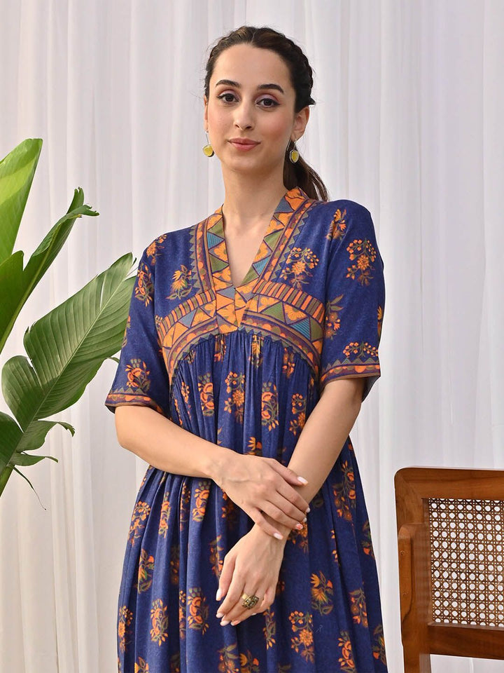 Rustorange Floral Printed V-Neck Gathered A-Line Midi Ethnic Dress