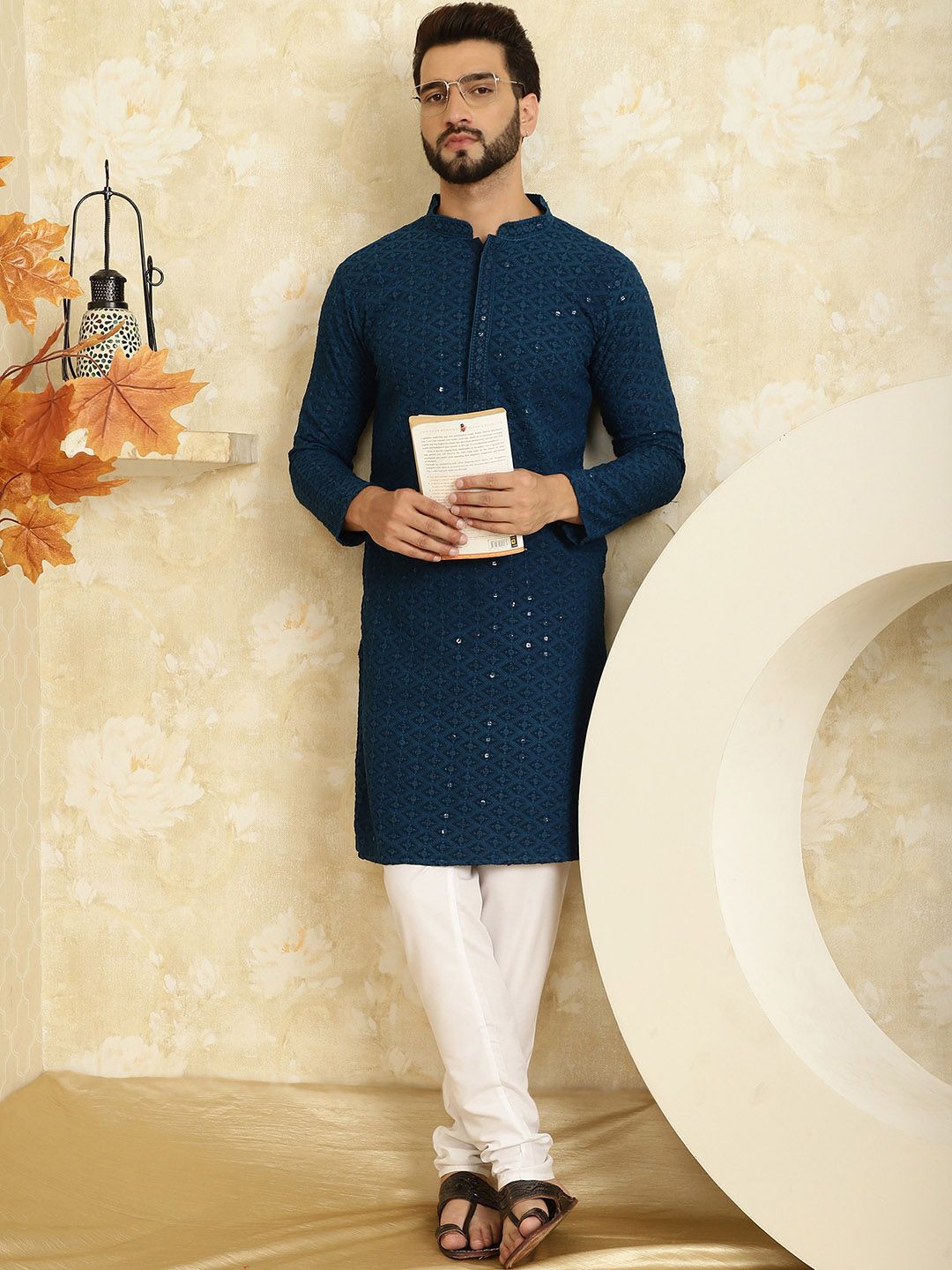 SOJANYA Ethnic Motifs Embroidered Pure Cotton Kurta with Churidar