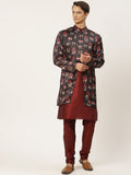 SOJANYA Men Maroon & Black Solid Kurta with Churidar & Ethnic Jacket