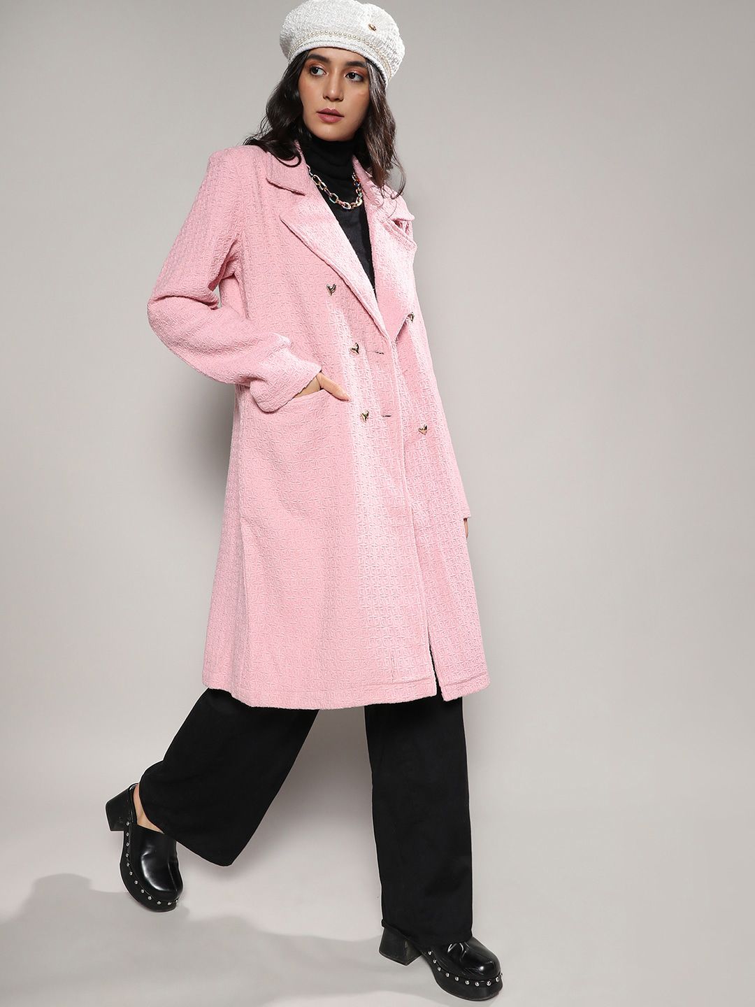 Campus Sutra Pink Self Design Notched Lapel Collar Longline Trench Coat