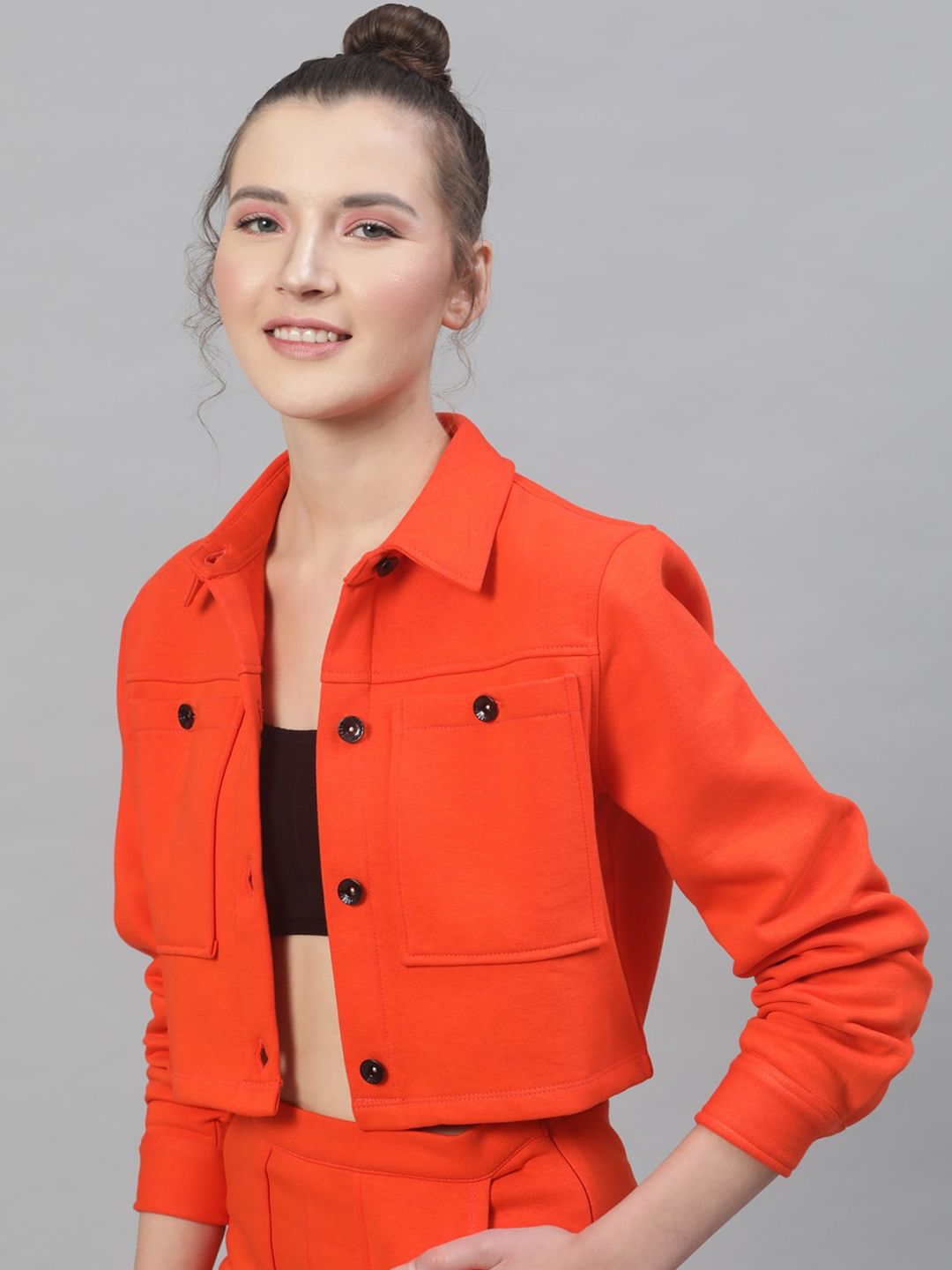 STREET 9 Women Orange Solid Lightweight Crop Tailored Jacket