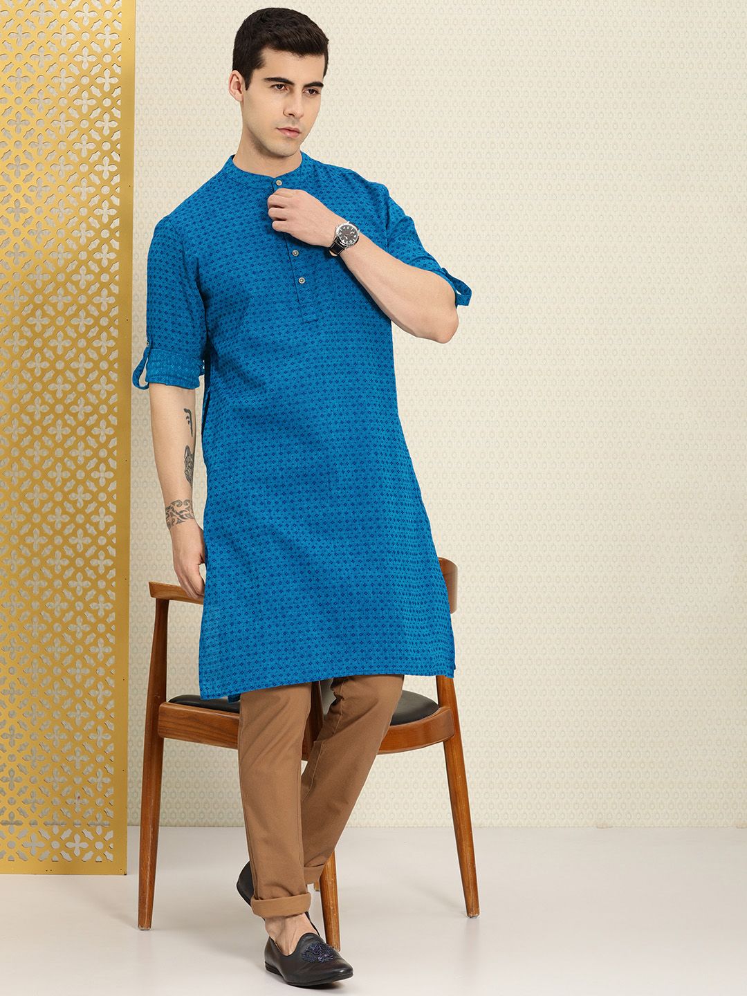 House of Pataudi Men Blue Ethnic Motifs Regular Kurta