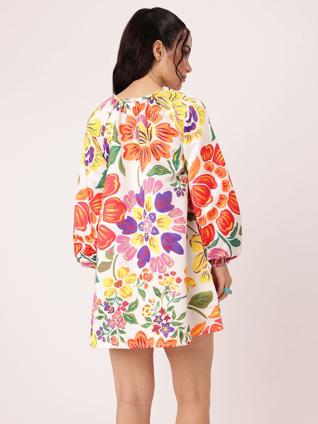 DressBerry Chic Vibrant Bloom Printed Gathered A-Line Mini Dress