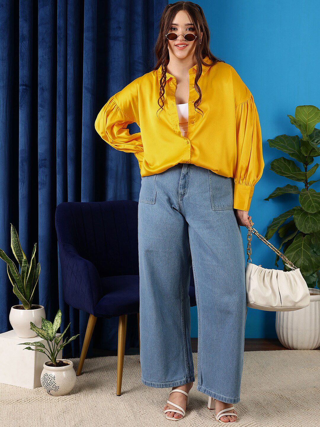 CURVY STREET Plus Size Shirt Collar Cuffed Sleeves Shirt Style Top