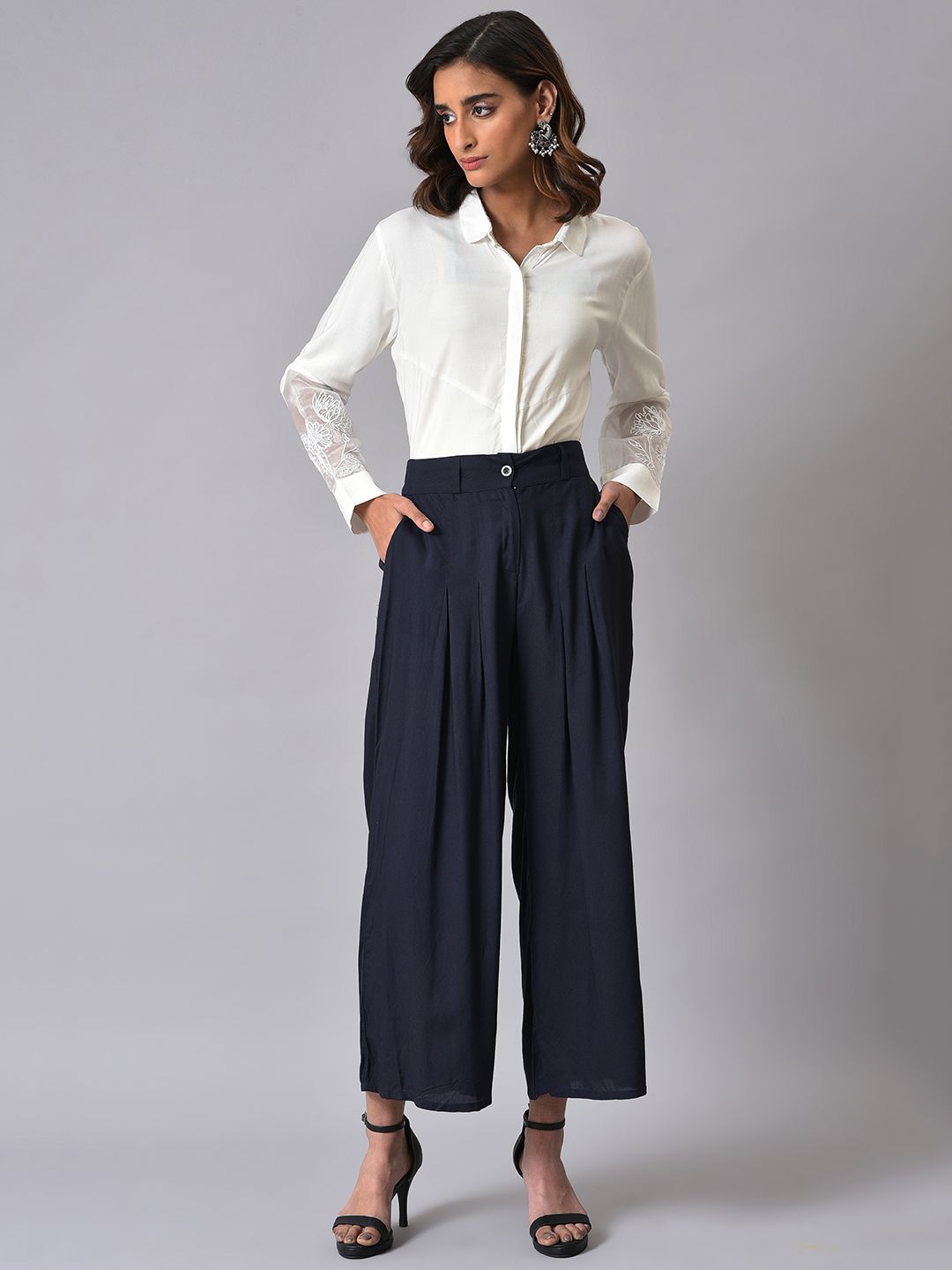 W Women Navy Palazzo Trousers