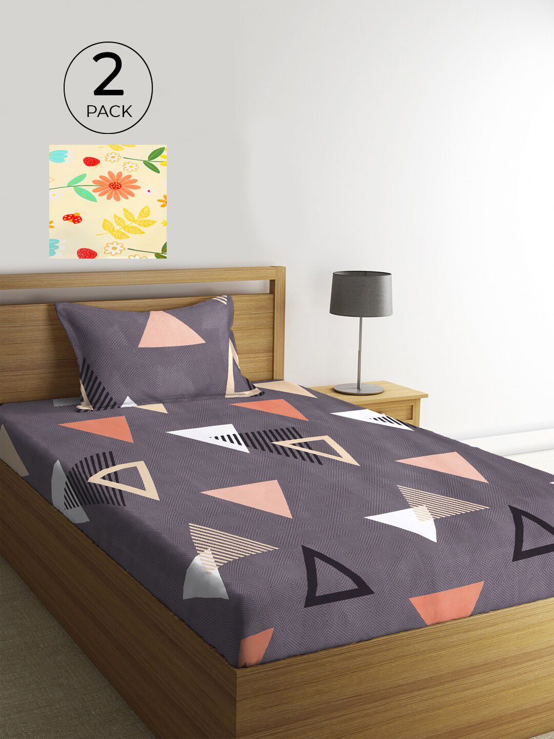 KLOTTHE Yellow Geometric Polycotton 210 TC Single Denda 2 Cadar dengan 2 Sarung Bantal-89 x 59 inci