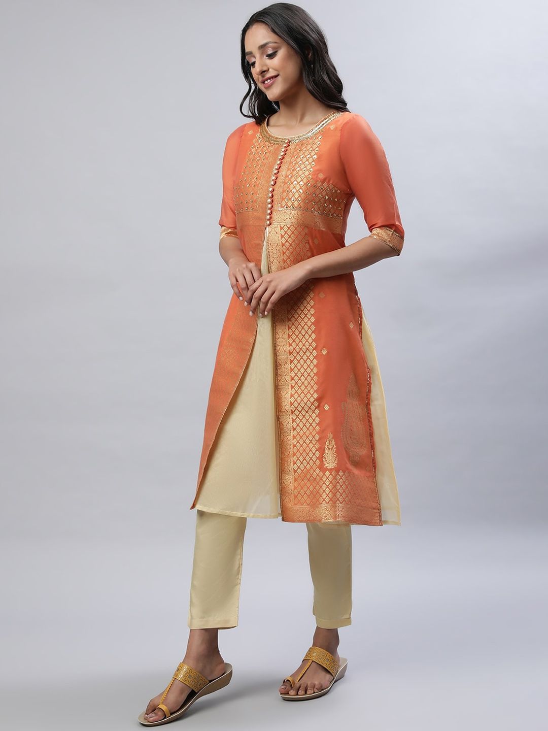 AURELIA Ethnic Motifs Woven Design Sequined A-Line Kurta with Trousers & Dupatta