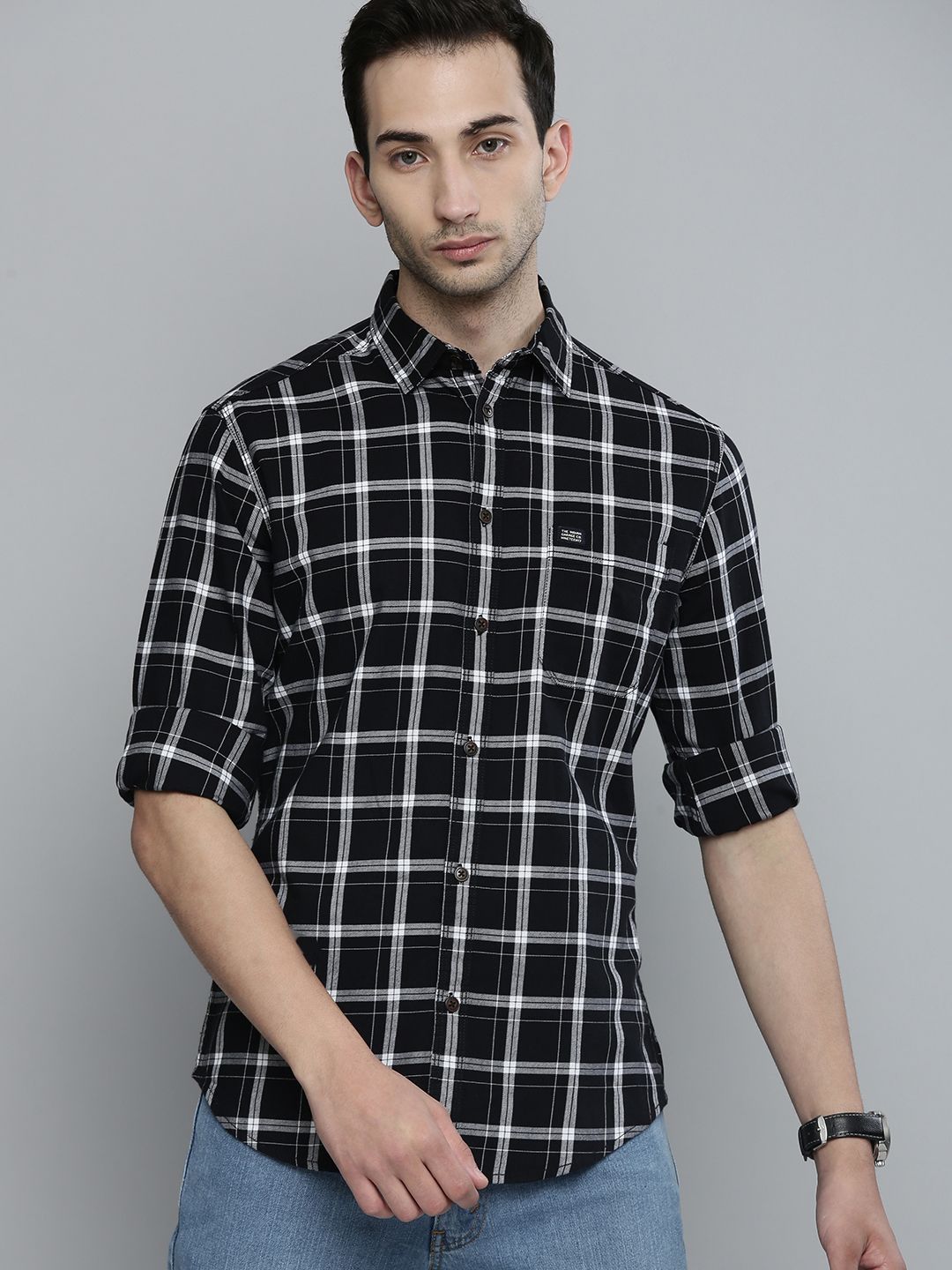 The Indian Garage Co Men Black Cotton Slim Fit Opaque Checked Casual Shirt