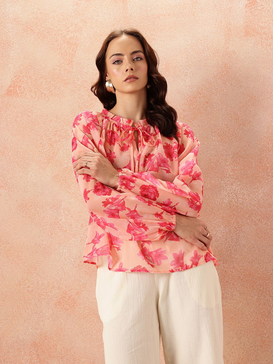 all about you Floral Print Tie-Up Neck Puff Sleeve Top