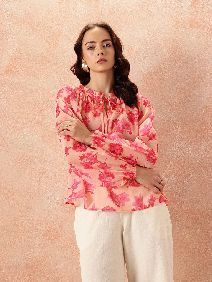all about you Floral Print Tie-Up Neck Puff Sleeve Top