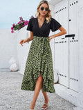 all about you Animal Print V-Neck Flared Sleeves Gathered Slip Slit Wrap Dress