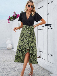 all about you Animal Print V-Neck Flared Sleeves Gathered Slip Slit Wrap Dress