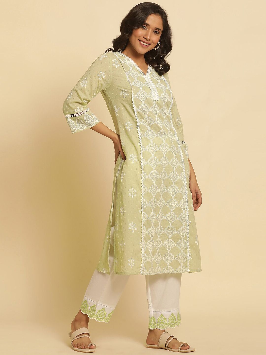 W Women Straight Fit Pleated Pure Cotton Ethnic Trousers
