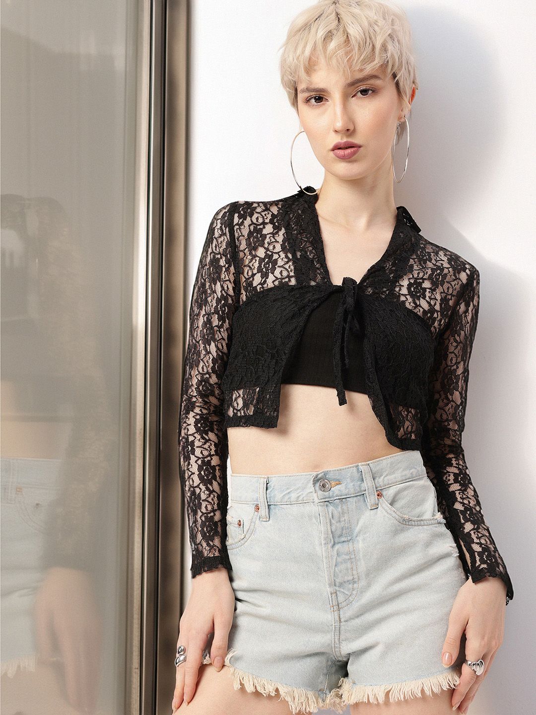 DressBerry Korean Street Sheer Chic Shirt Style Lace Crop Top