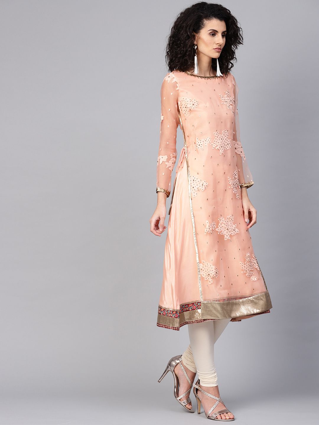 WISHFUL by W Women Peach-Coloured Printed A-Line Layered Kurta