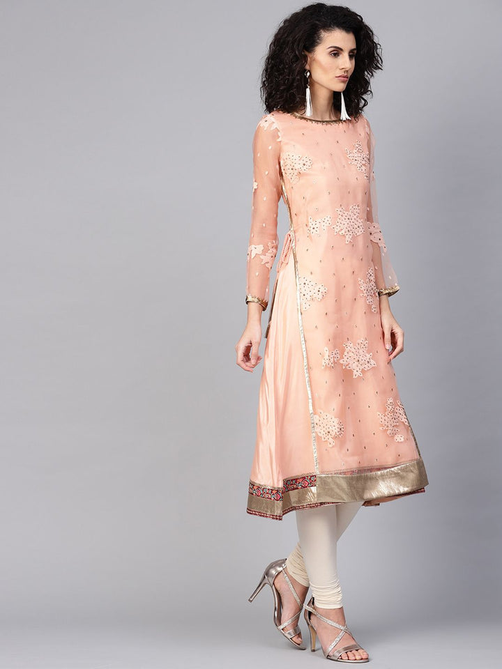 WISHFUL by W Women Peach-Coloured Printed A-Line Layered Kurta