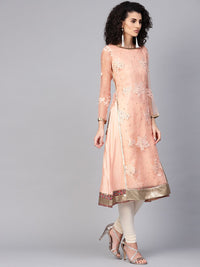 WISHFUL by W Women Peach-Coloured Printed A-Line Layered Kurta