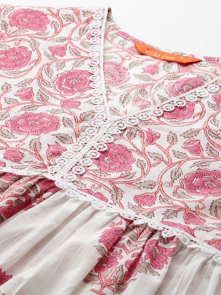 Indo Era Women Floral Printed Empire Pure Cotton Kurta with Trousers