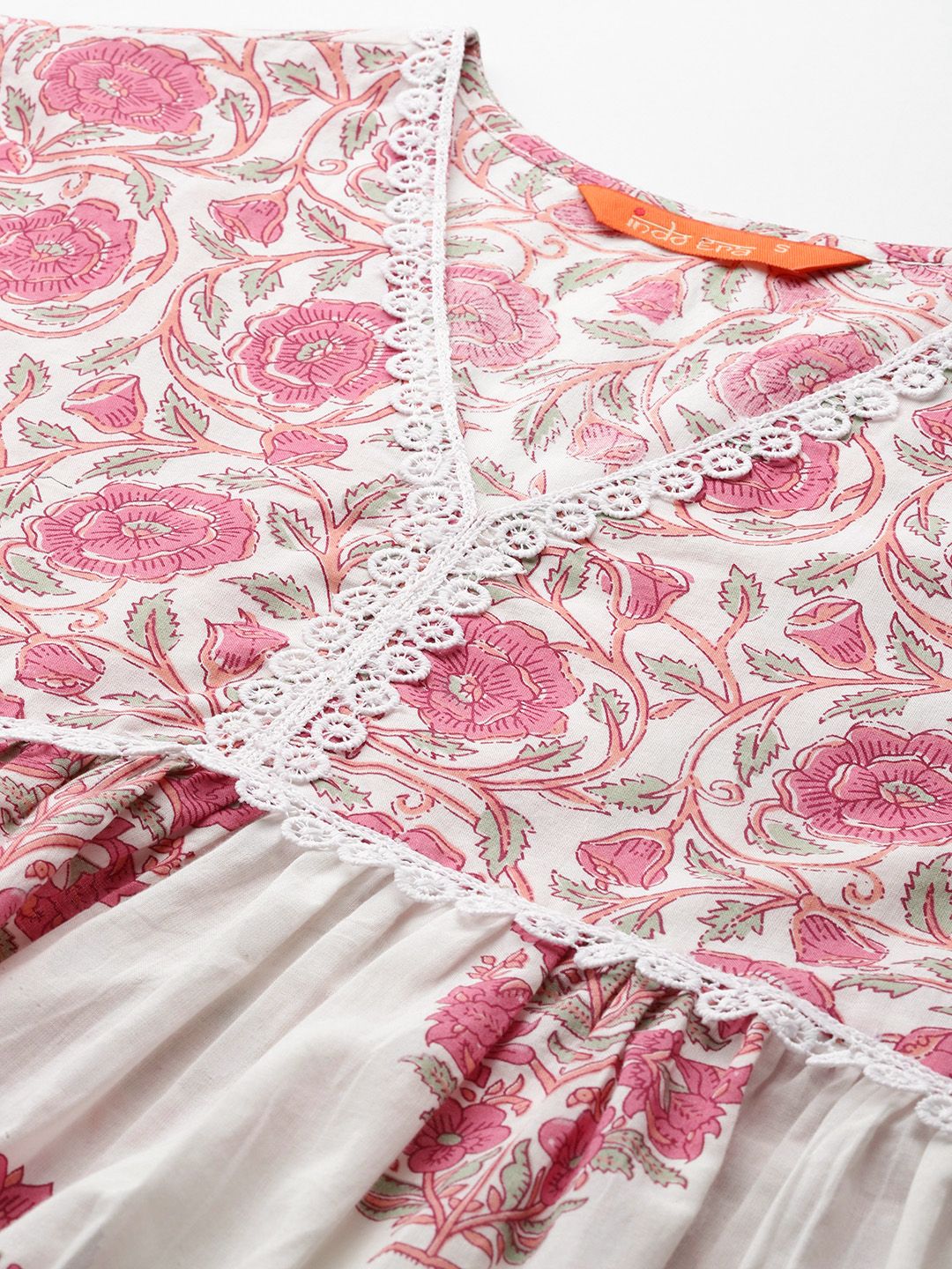 Indo Era Women Floral Printed Empire Pure Cotton Kurta with Trousers