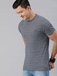 THE BEAR HOUSE Men Navy Blue Striped Round Neck T-shirt