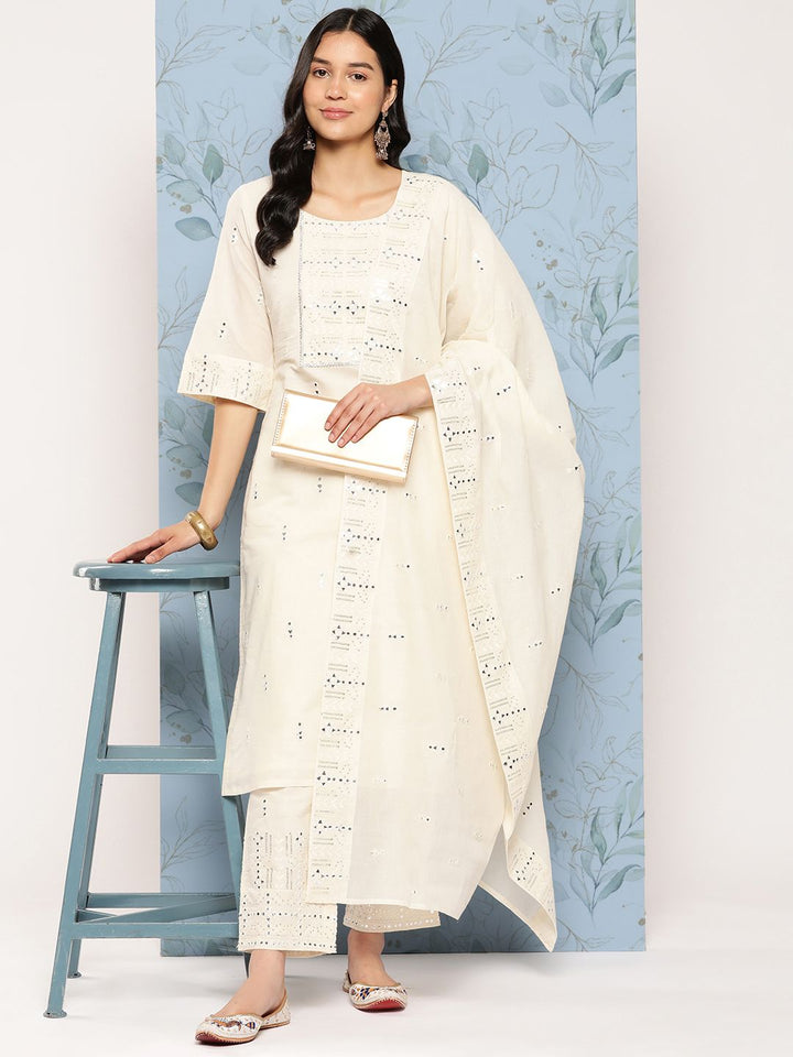 Libas Women Embroidered Mirror Work Pure Cotton Kurta With Palazzos & With Dupatta