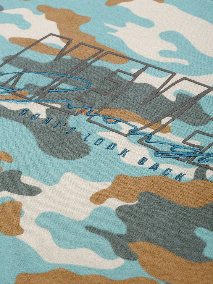 The Indian Garage Co Men Beige & Turquoise Blue Printed Hooded Sweatshirt