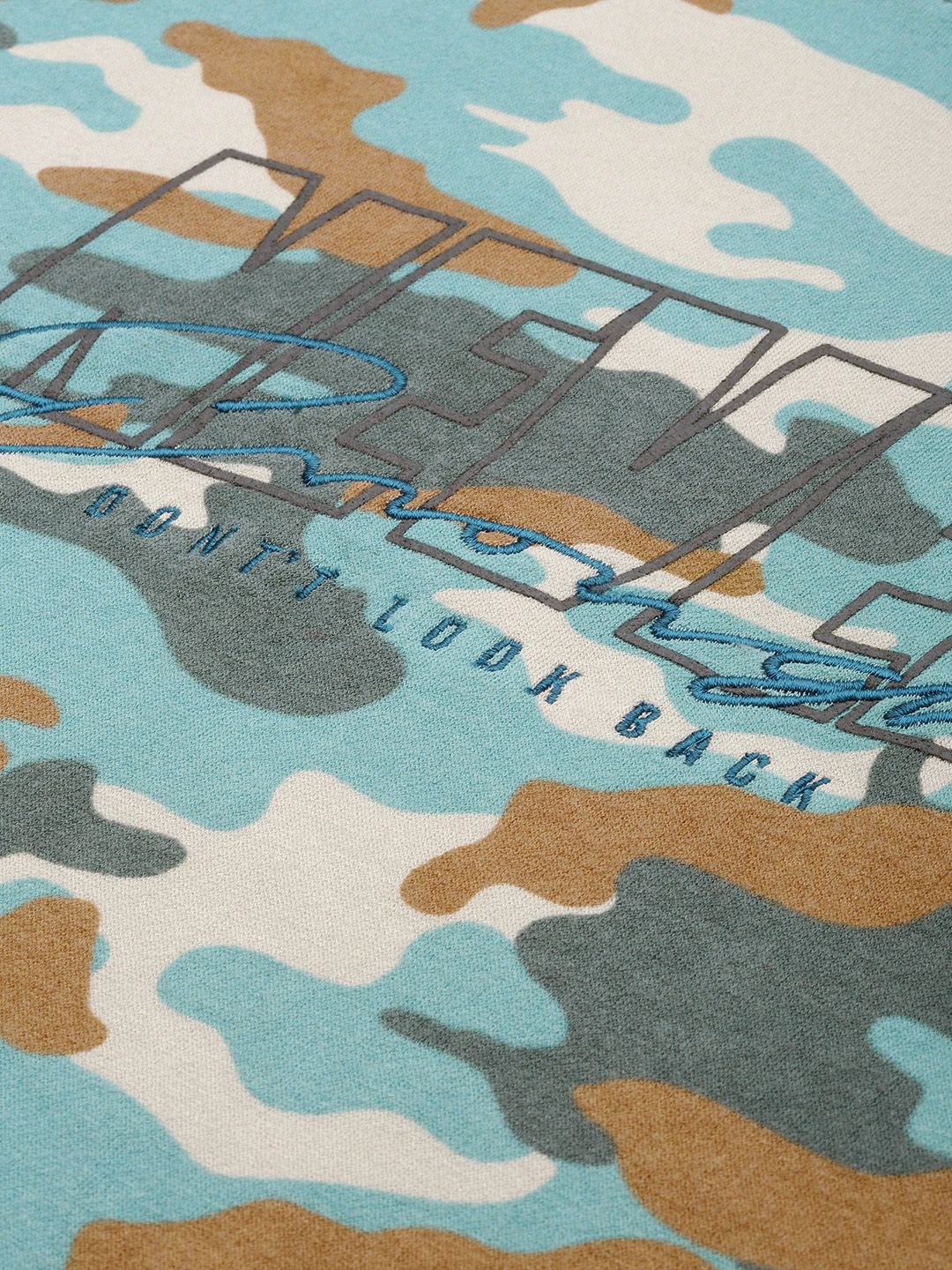 The Indian Garage Co Men Beige & Turquoise Blue Printed Hooded Sweatshirt