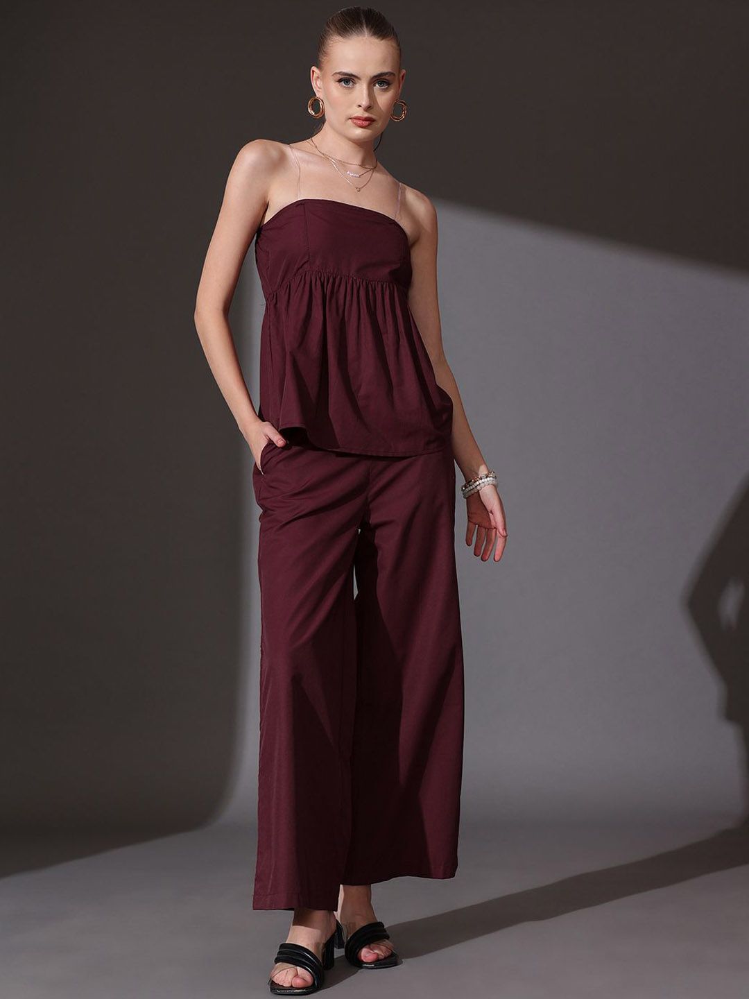 STREET 9 Solid Off Shoulder Pure Cotton Top & Palazzos Co-Ord Set