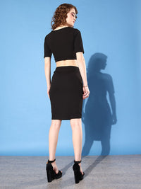 DressBerry Women Inky Black Ribbed Cutout Top & Skirt Party Co-Ords