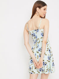 Berrylush Women Mint Green & Blue Floral Crepe Dress