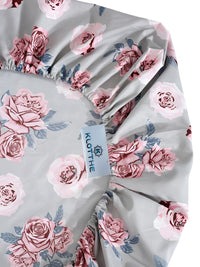 KLOTTHE Grey & Pink Floral Printed 300 TC Double Fitted Cadar Dengan 2 Sarung Bantal