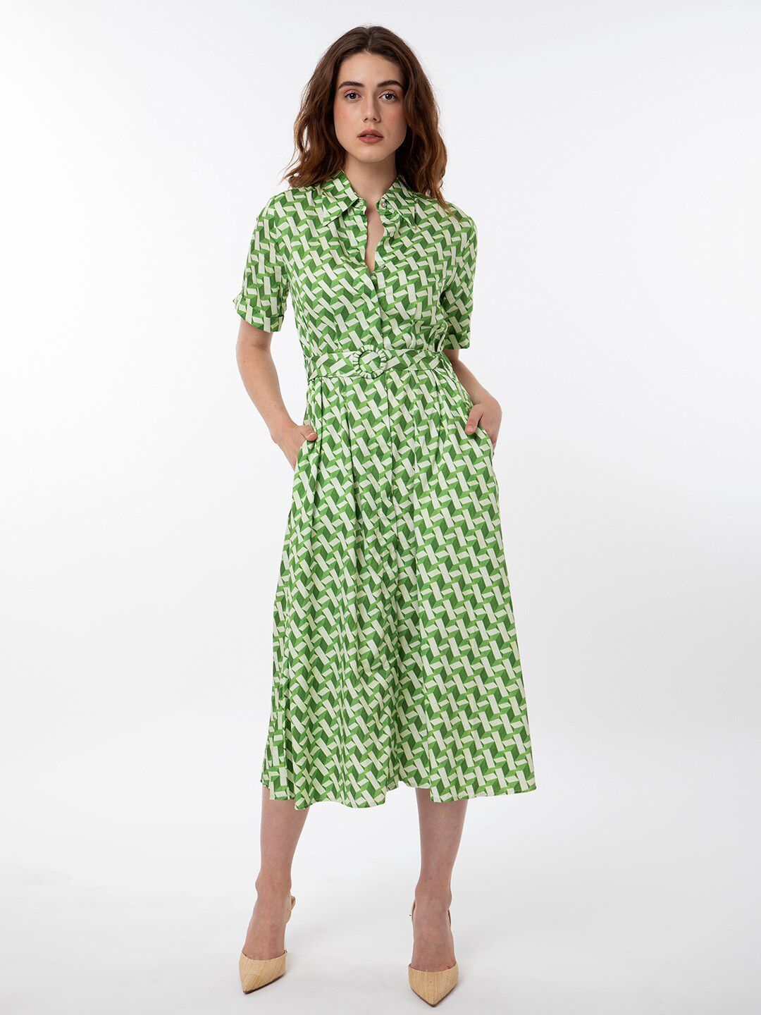 RAREISM Geometric Printed Cotton Midi Shirt Dress