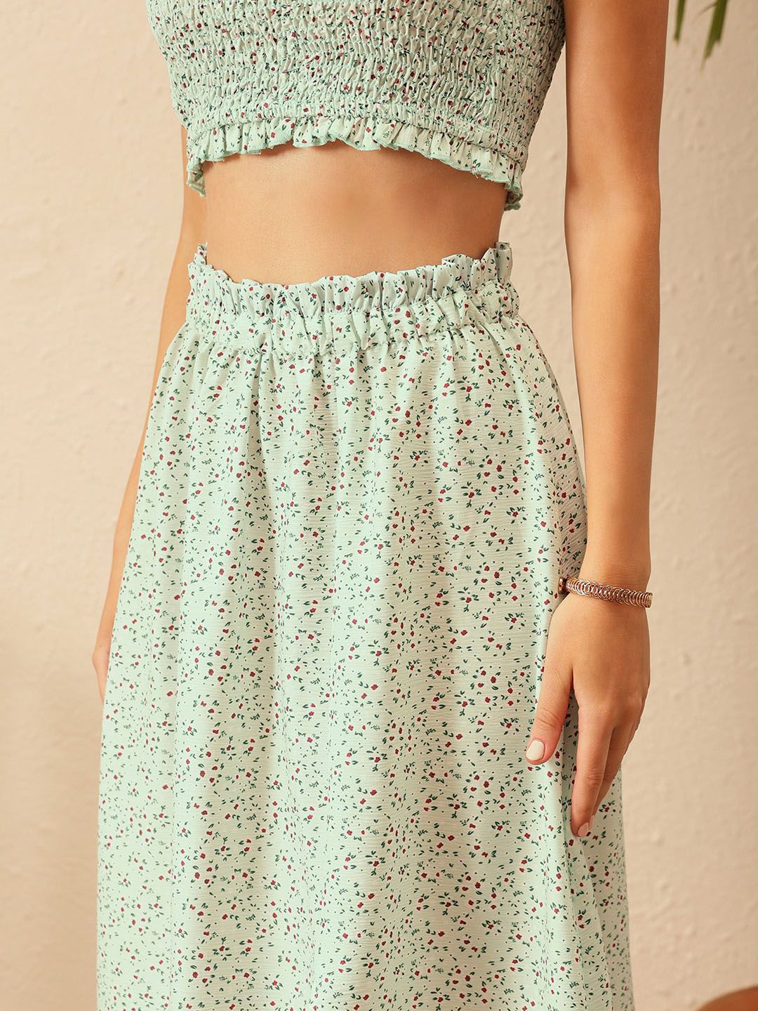 STREET 9 Floral Printed Strapless Smocked Crop Top And Skirt Co-Ords