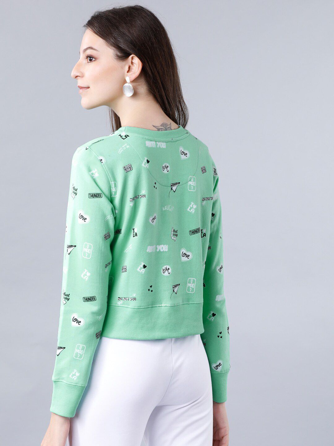 Tokyo Talkies Women Pastel Green Printed Sweatshirt