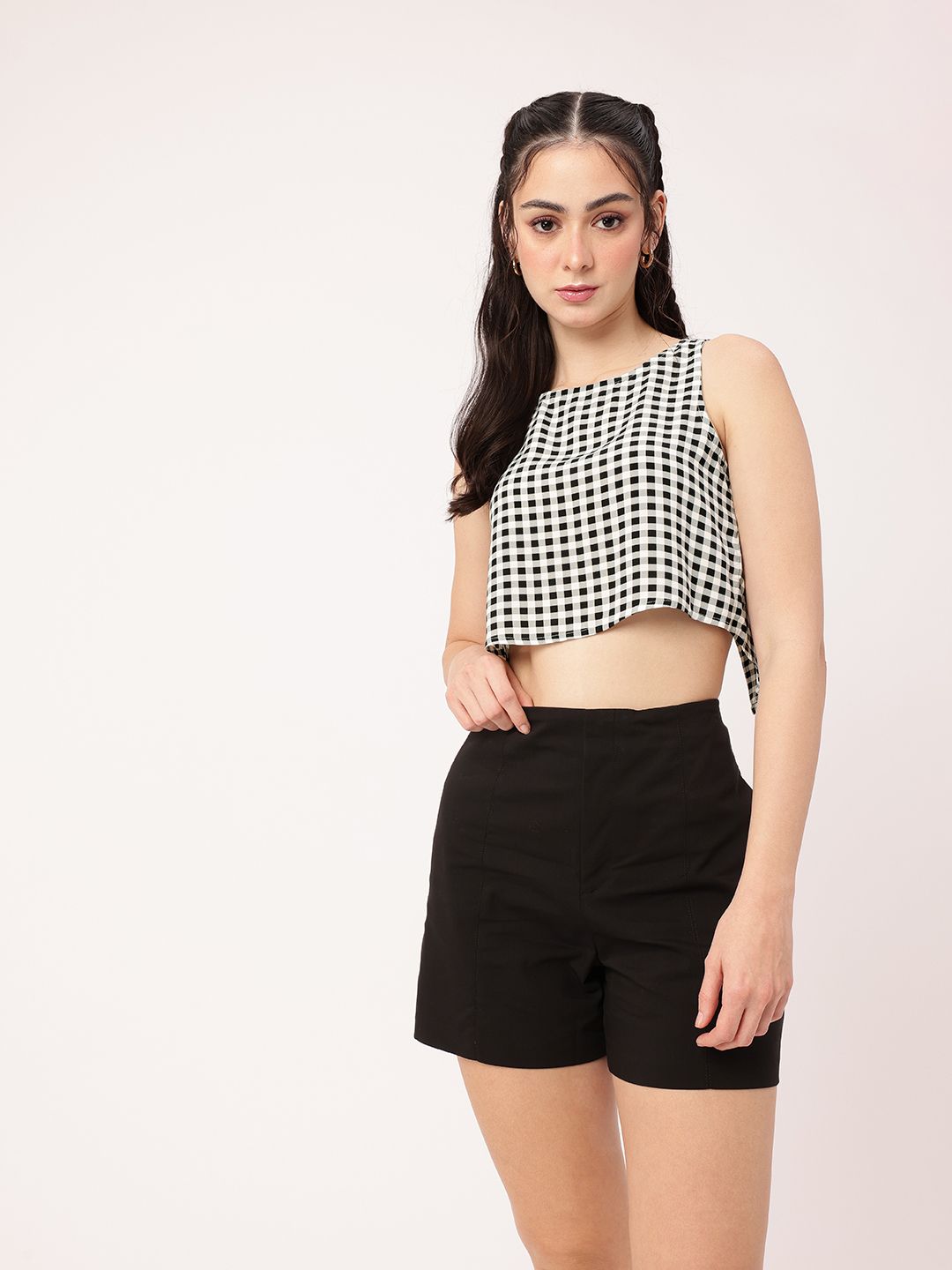 DressBerry Checkered Charm Slit Back Crop Top