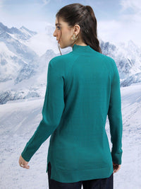 Tokyo Talkies Teal High Neck Raglan Sleeves Longline Acrylic Pullover