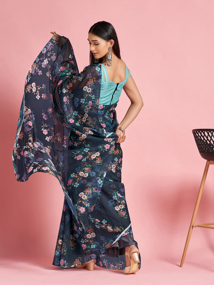 Saree mall Navy Blue & White Floral Printed Organza Sarees