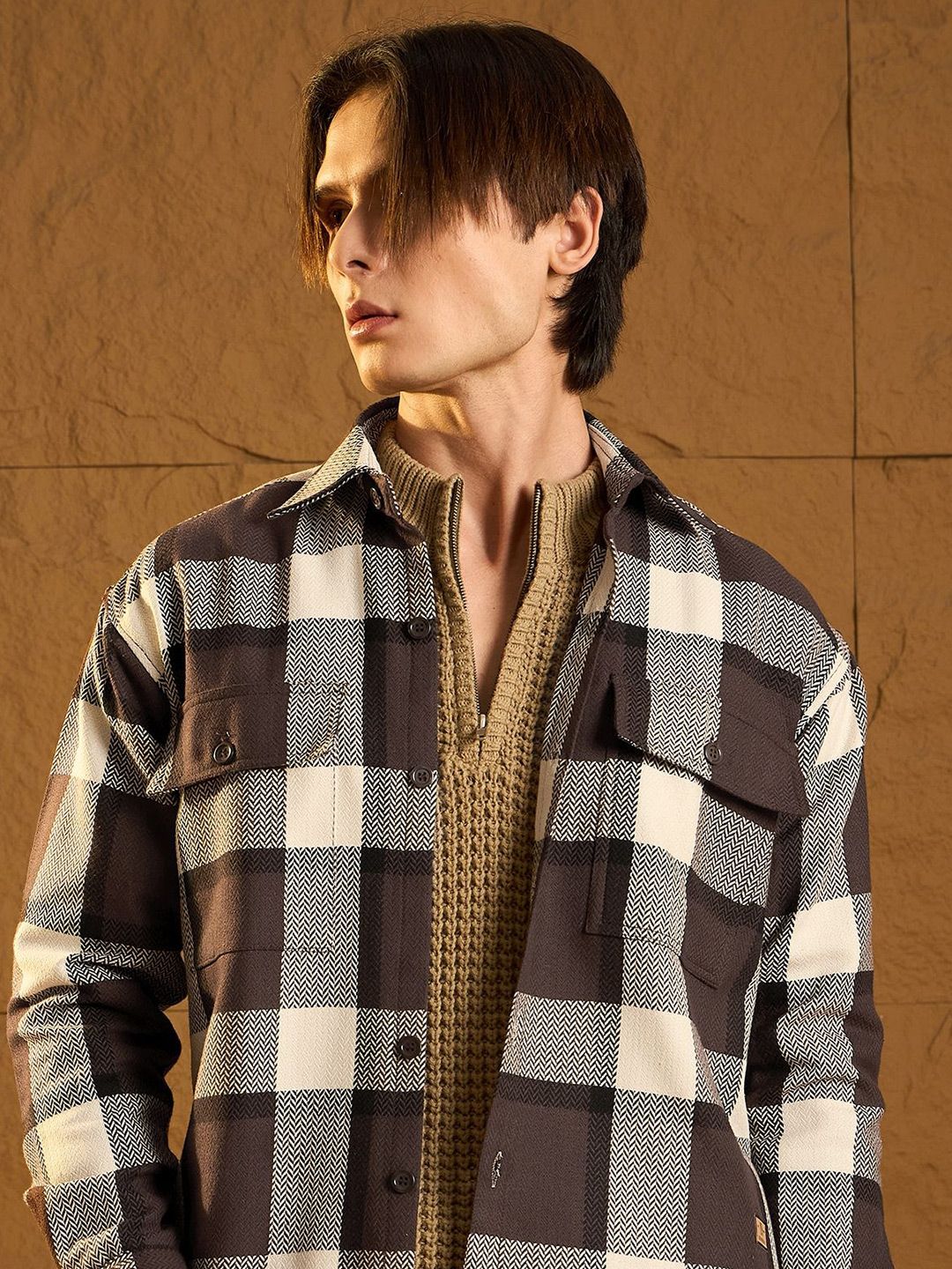 DENNISON Men Double Pocket Drop Shoulder Oversized Cotton Checked Shacket