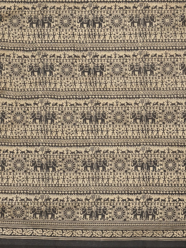 KALINI Black & Beige Silk Blend Printed Khadi Saree