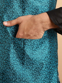 SOJANYA Men Black & Teal Blue Jacquard Woven Design Kurta with Churidar & Nehru Jacket