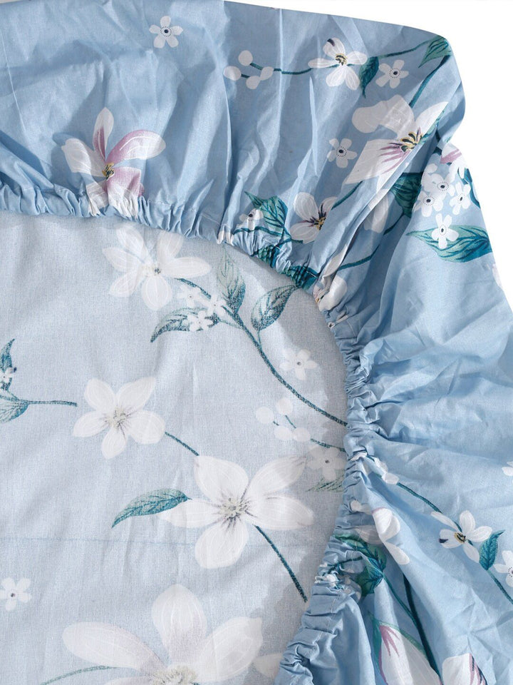 KLOTTHE Blue Floral Cotton 400 TC Fitted King Fine Bedsheet dengan 2 Sarung Bantal-98 x 89 inci