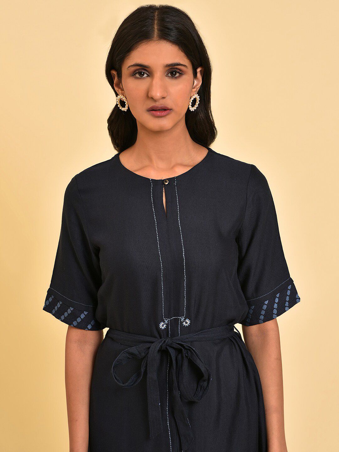 W Keyhole Neck Embroidered Detail A-Line Dress