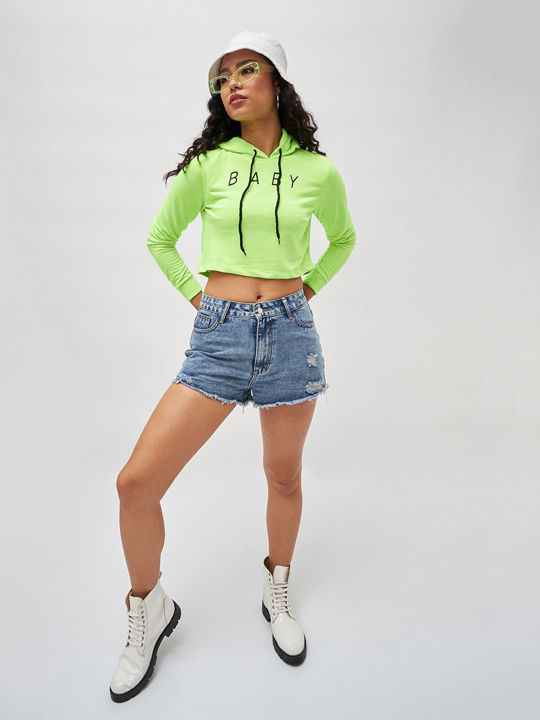 SASSAFRAS Women Fluorescent Green Solid Hooded Cropped Sweatshirt