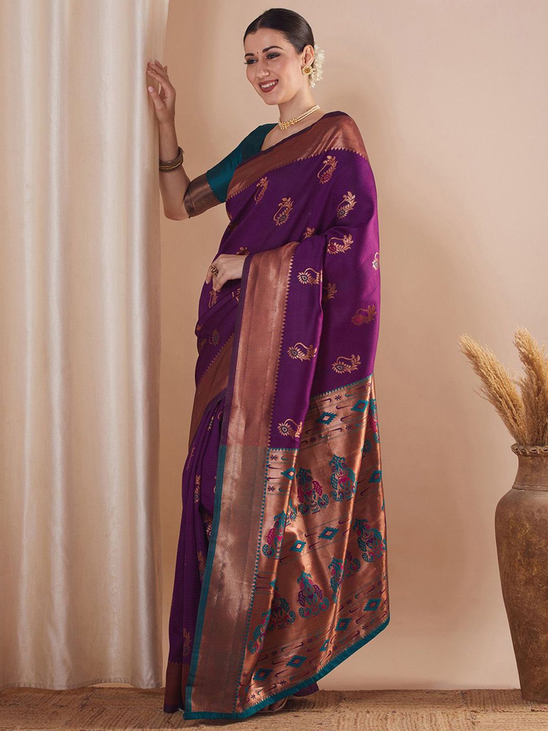 Saree mall Ethnic Motifs Woven Design Zari Paithani Sarees