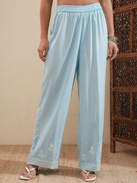 Vishudh Blue Floral Embroidered Round Neck Thread Work Kurta With Palazzos