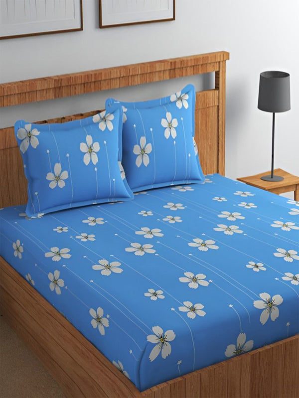 BOMBAY DYEING Blue Floral 144 TC Queen Bedsheet with 2 Pillow Covers