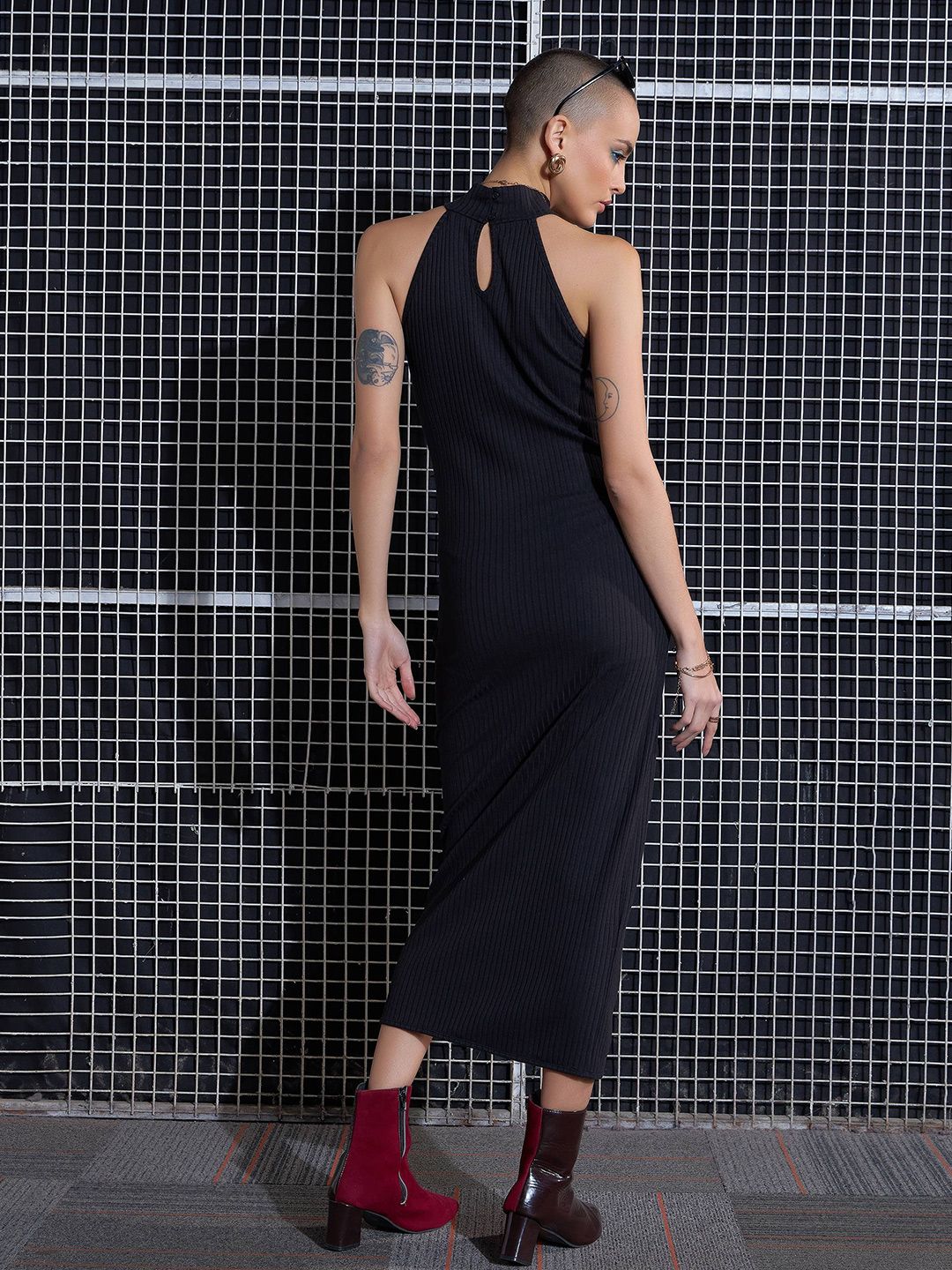SASSAFRAS Black High Neck Sheath Midi Dress