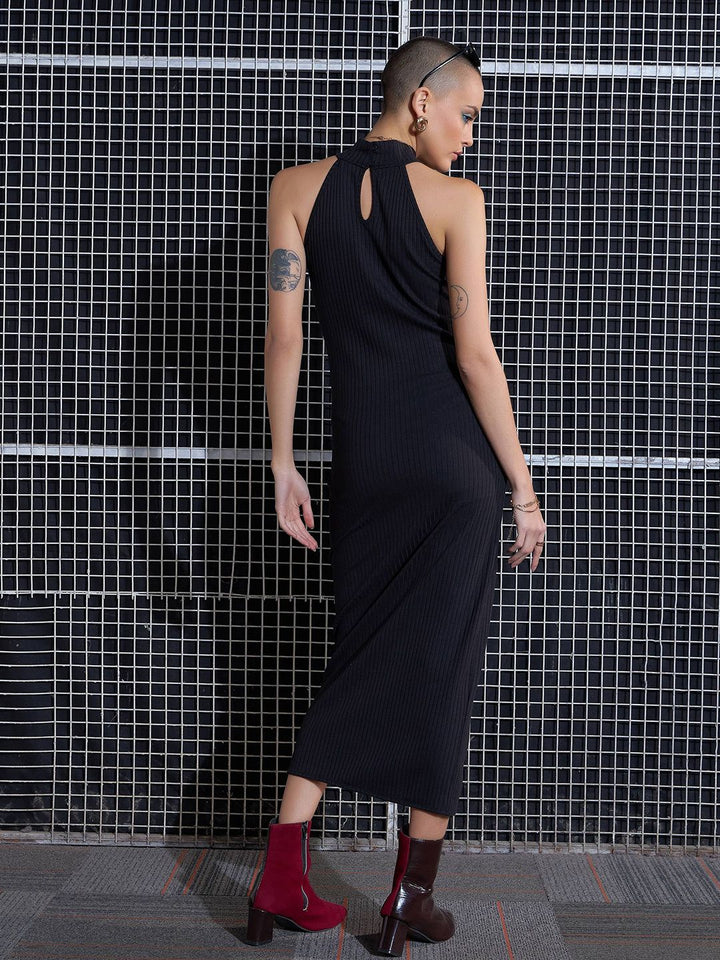SASSAFRAS Black High Neck Sheath Midi Dress