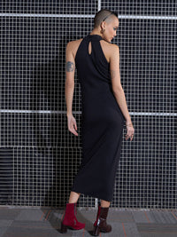 SASSAFRAS Black High Neck Sheath Midi Dress